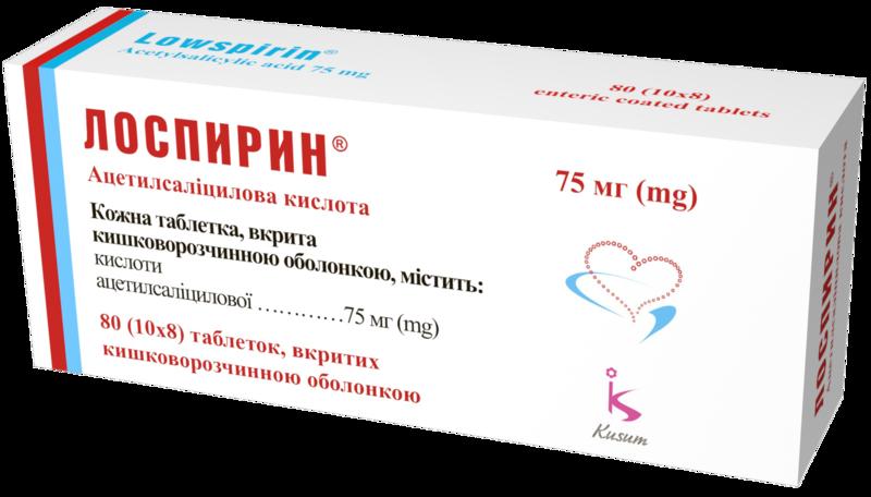 ЛОСПИРИН® таблетки, вкриті кишковорозчинною оболонкою, по 75 мг по 10 таблеток у стрипі, по 8 стрипів у картонній упаковці